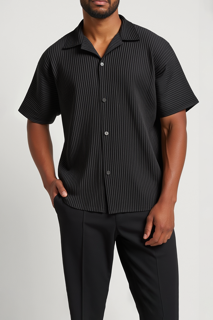 Pleated Shirt - short sleeve - Black