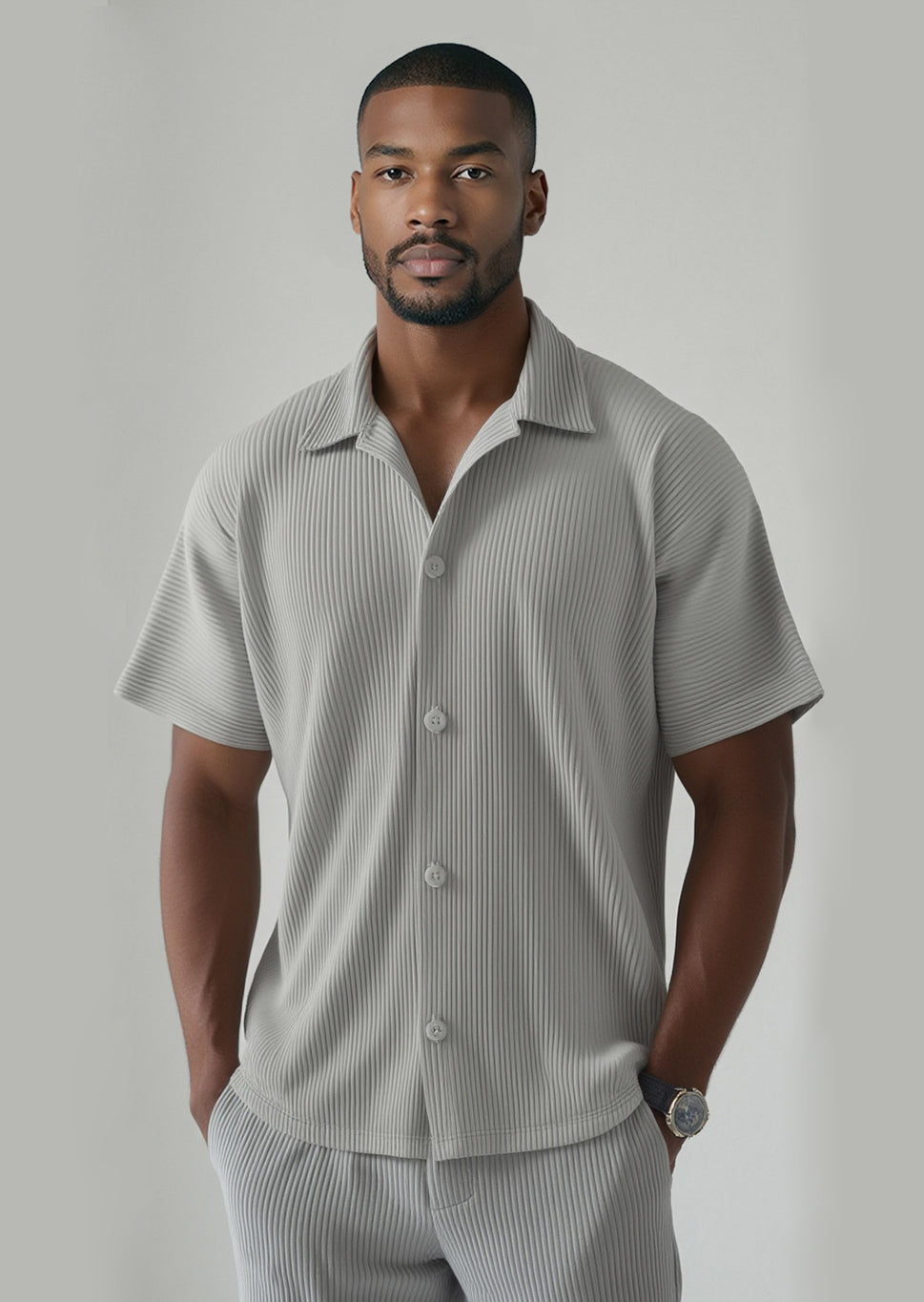 Pleated Shirt - short sleeve - Light grey