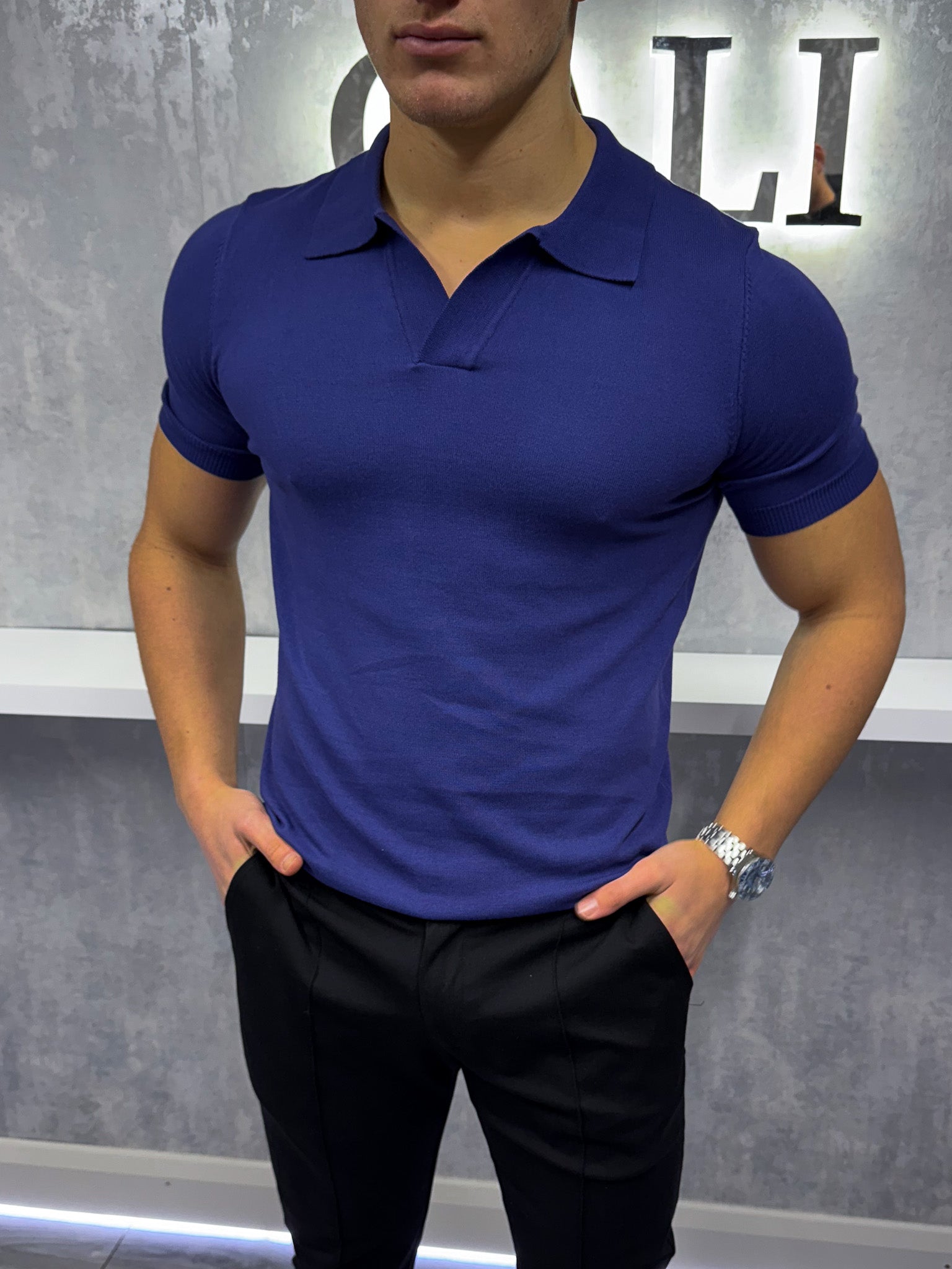 Poloshirt met Cubaanse kraag - Marineblauw