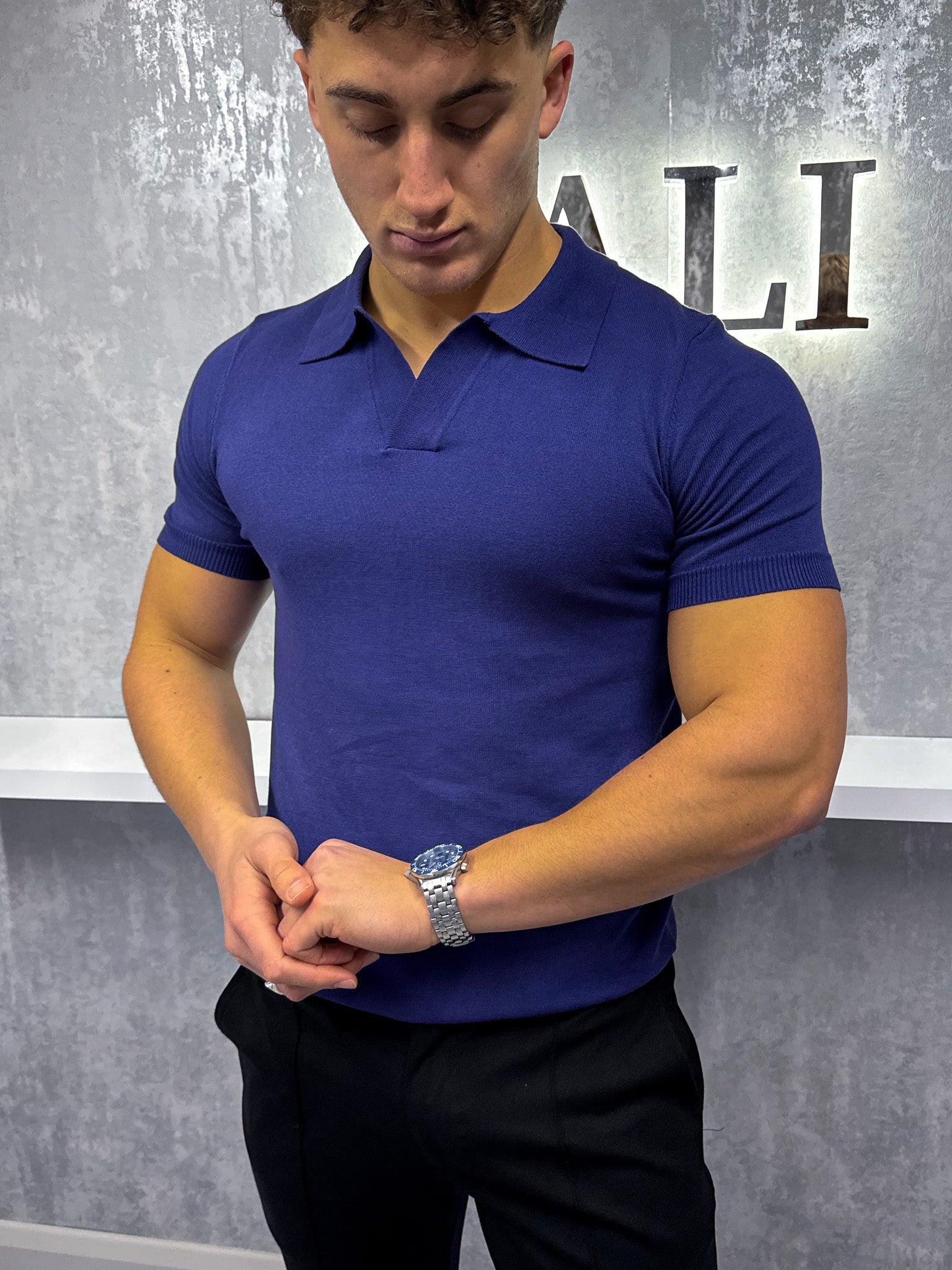 Poloshirt met Cubaanse kraag - Marineblauw