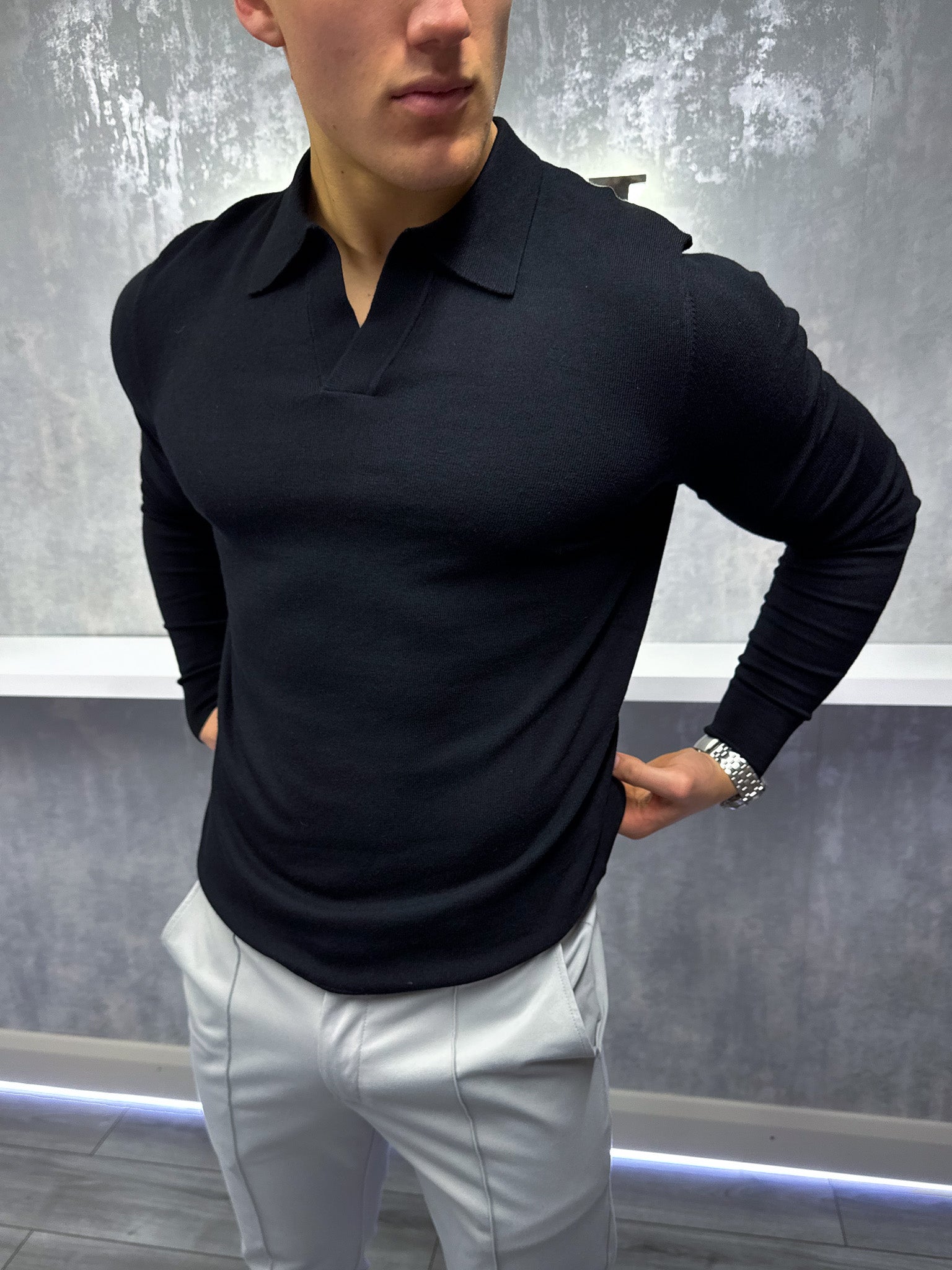 Rockefeller Langarm-Poloshirt – Schwarz