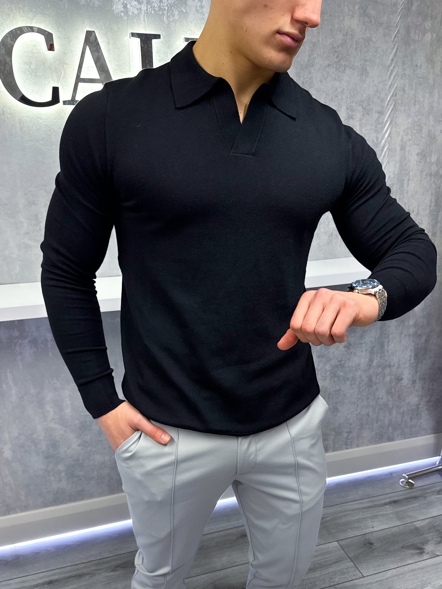 Rockefeller Langarm-Poloshirt – Schwarz