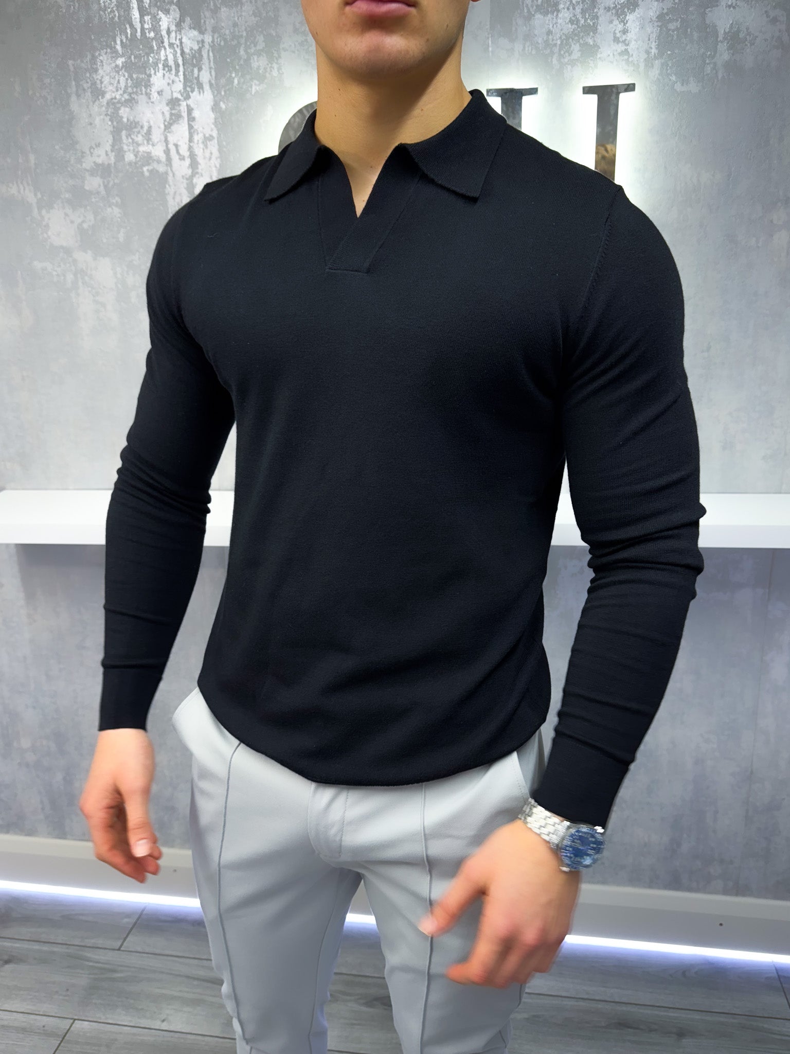Rockefeller Langarm-Poloshirt – Schwarz