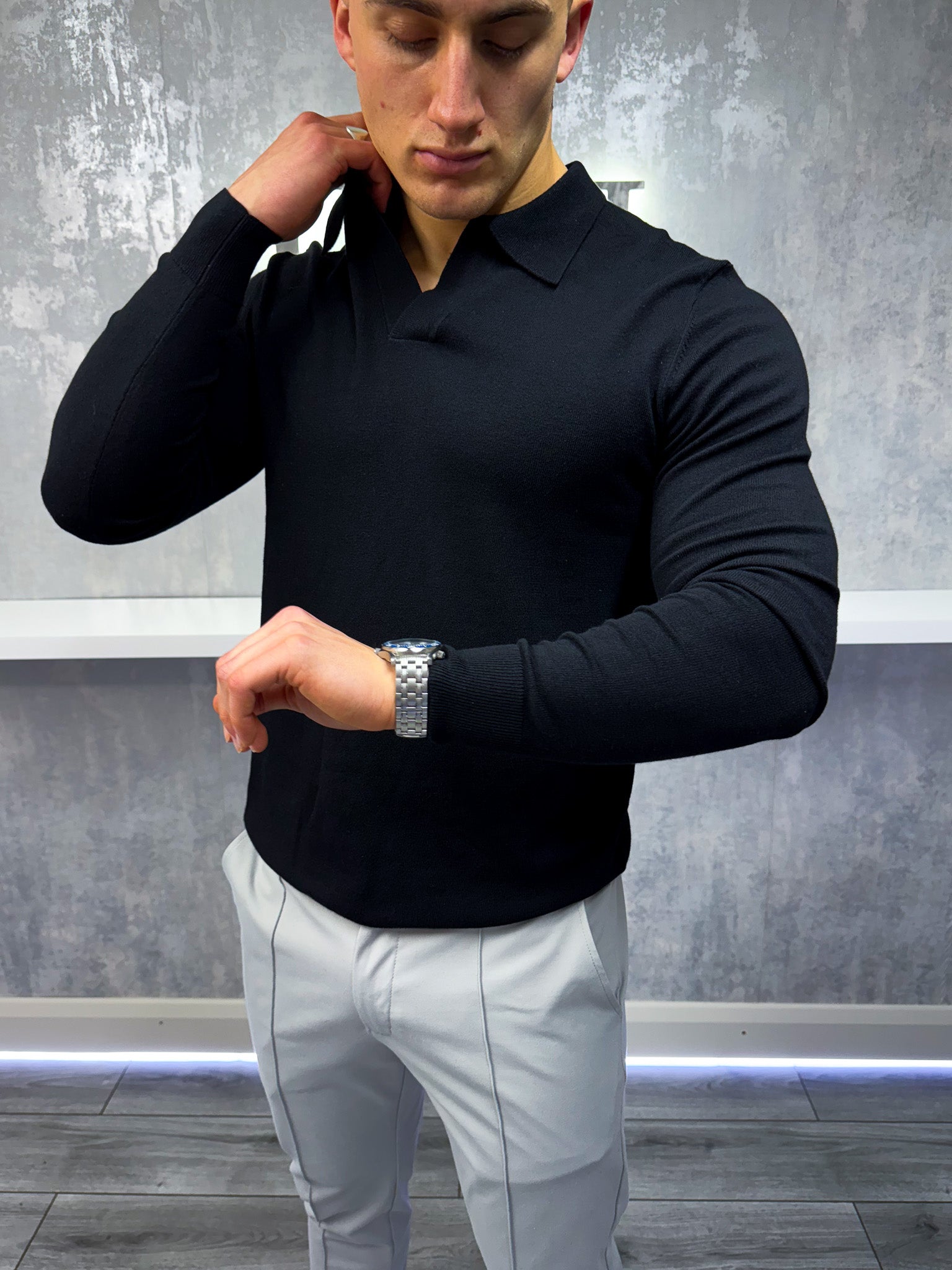 Rockefeller Langarm-Poloshirt – Schwarz