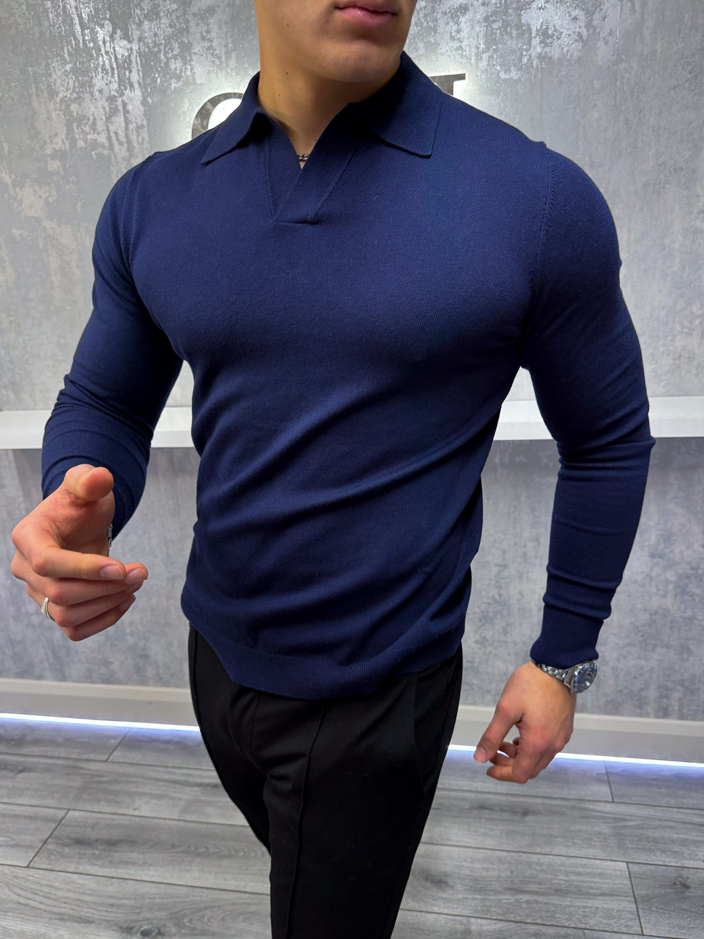 Rockefeller Langarm-Poloshirt – Marineblau