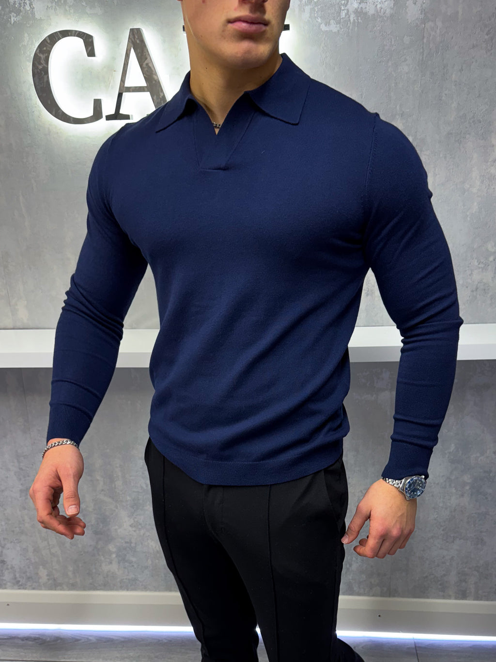 Rockefeller Langarm-Poloshirt – Marineblau