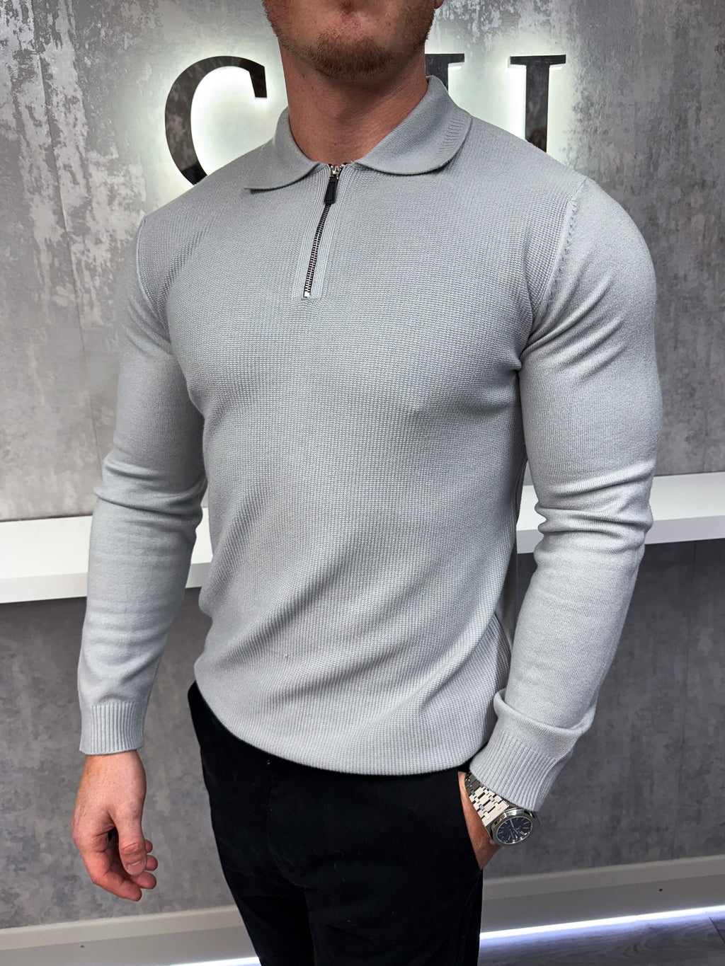 Polo con zip a maniche lunghe - Grigio
