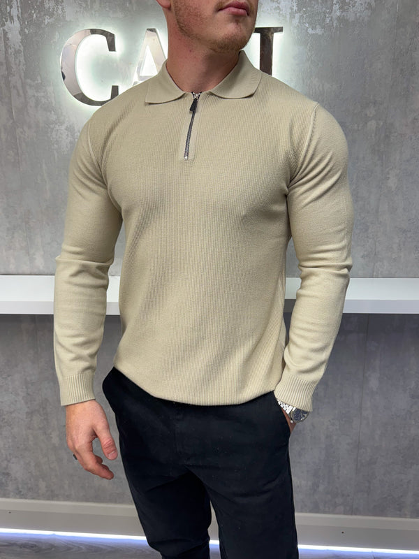 Long sleeve zip polo - Beige