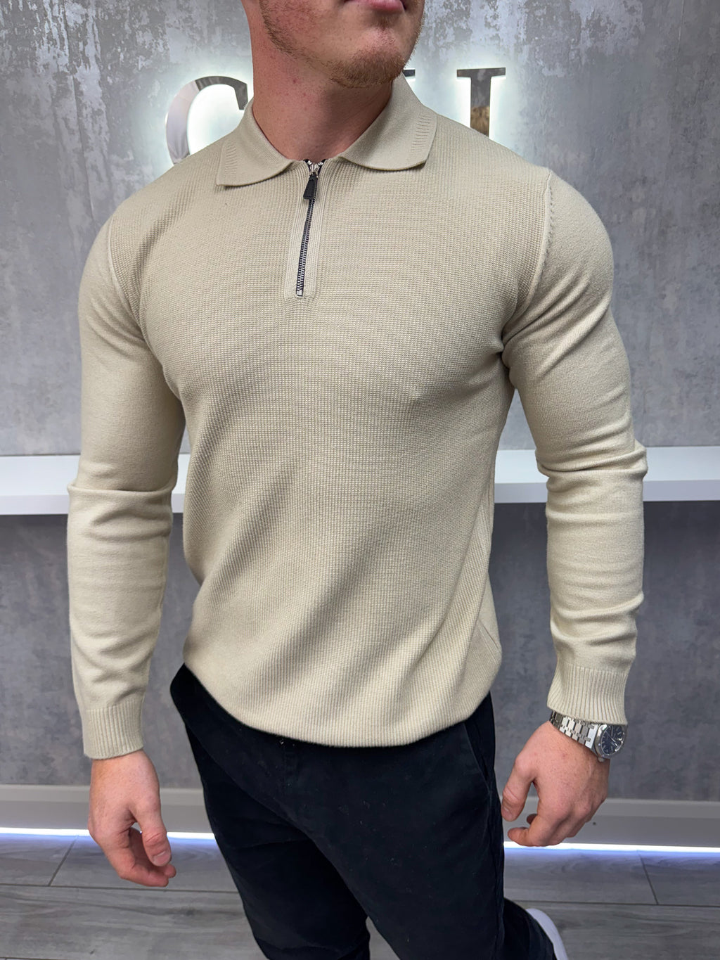 Polo con zip a maniche lunghe - Beige