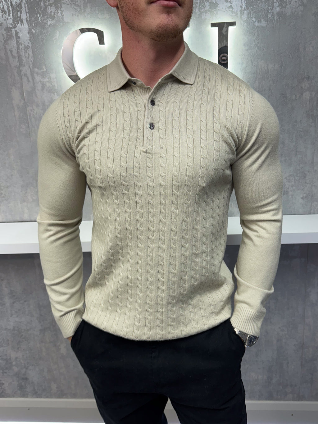 Lange mouw knoopsluiting polo - Beige