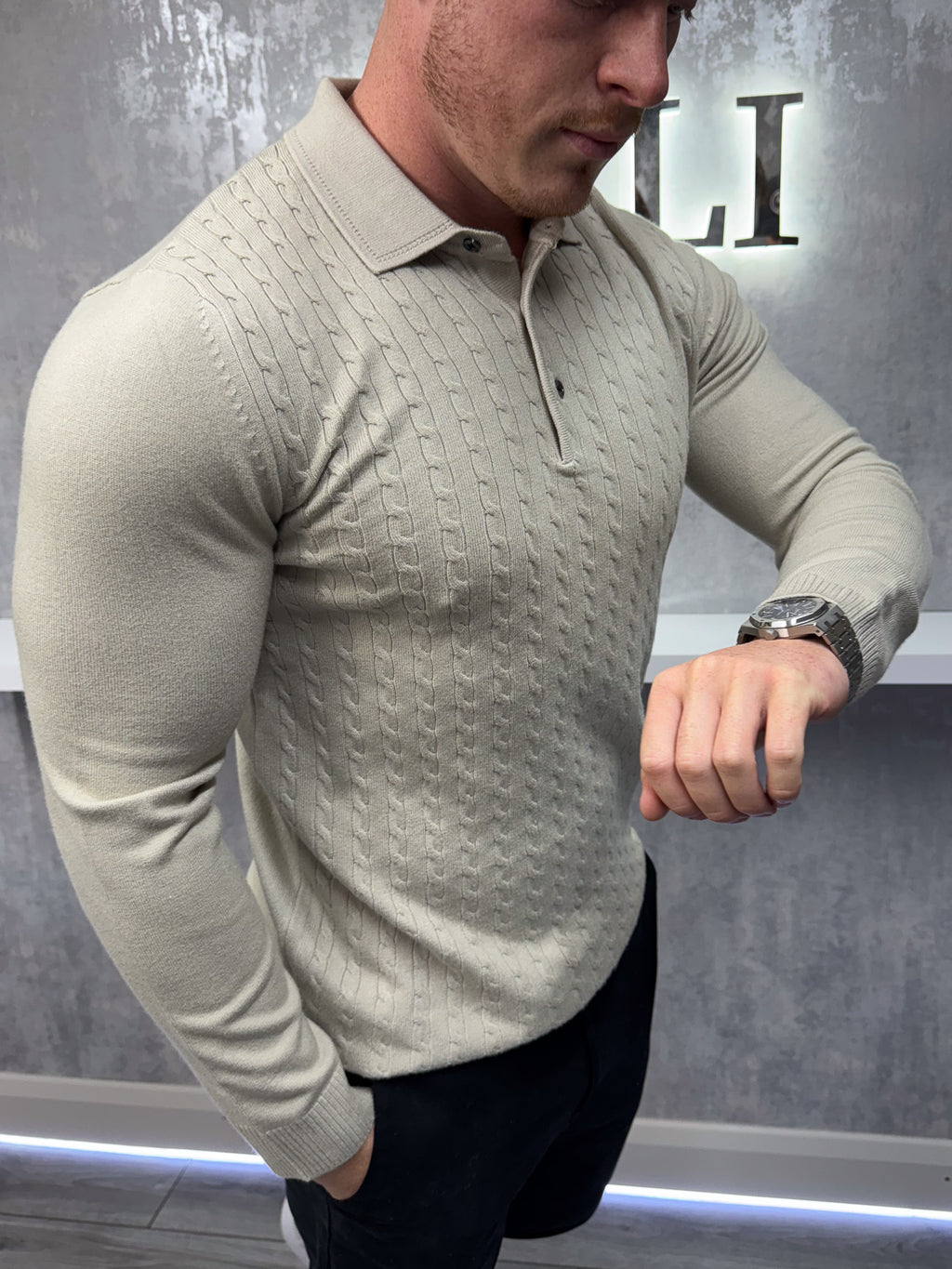 Lange mouw knoopsluiting polo - Beige