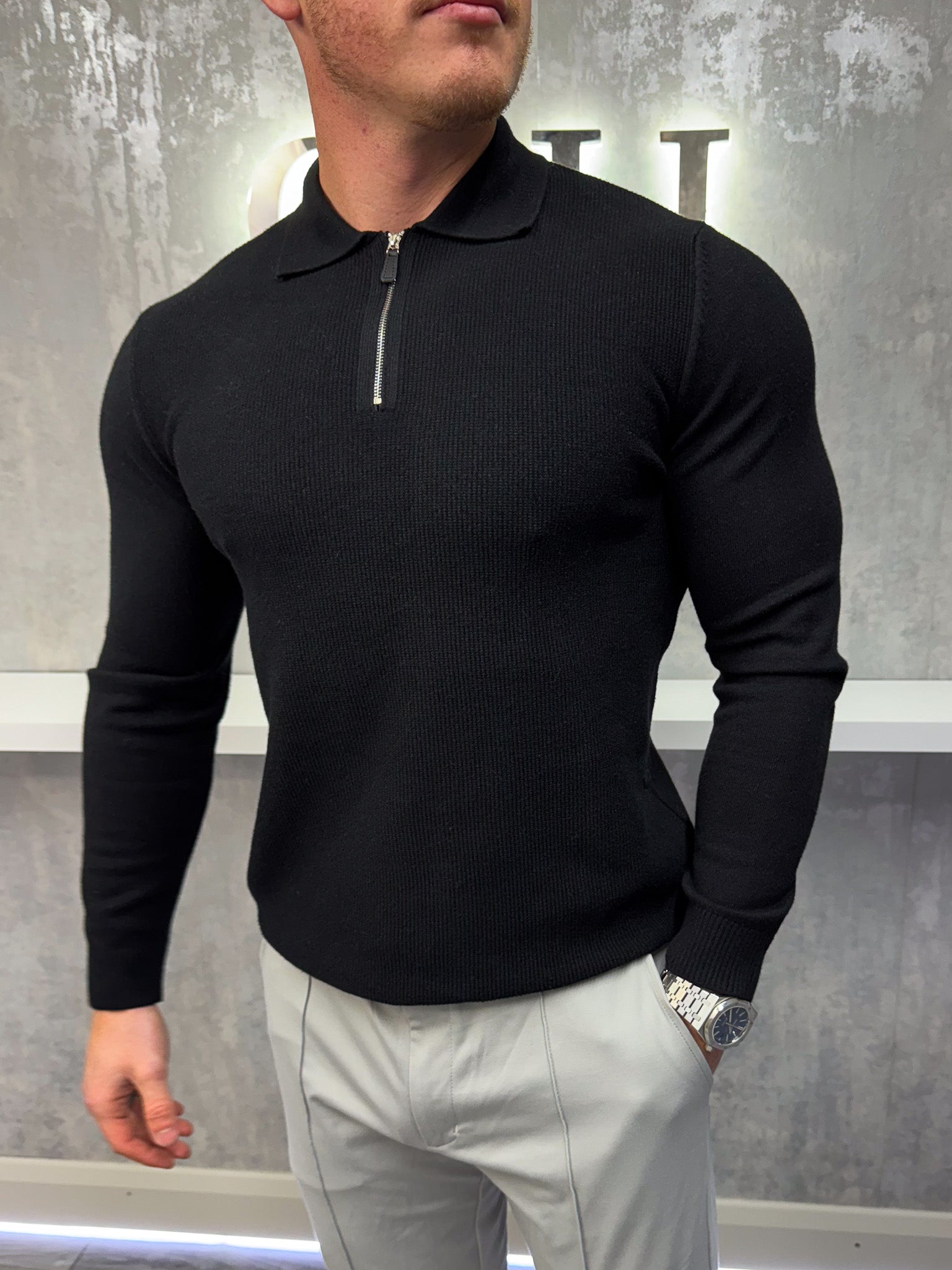 Long sleeve Zip polo - Black