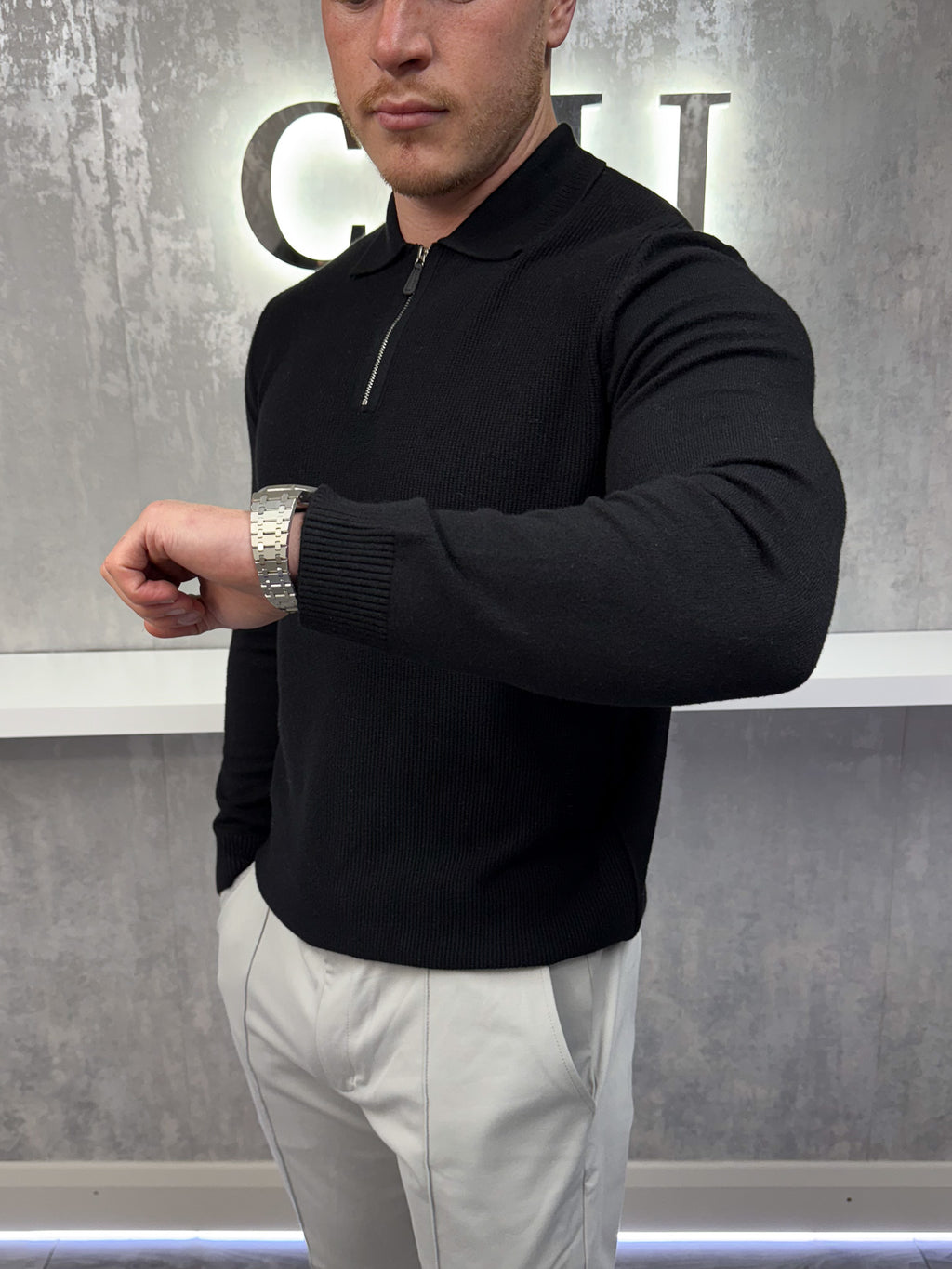 Polo con zip a maniche lunghe - Nero