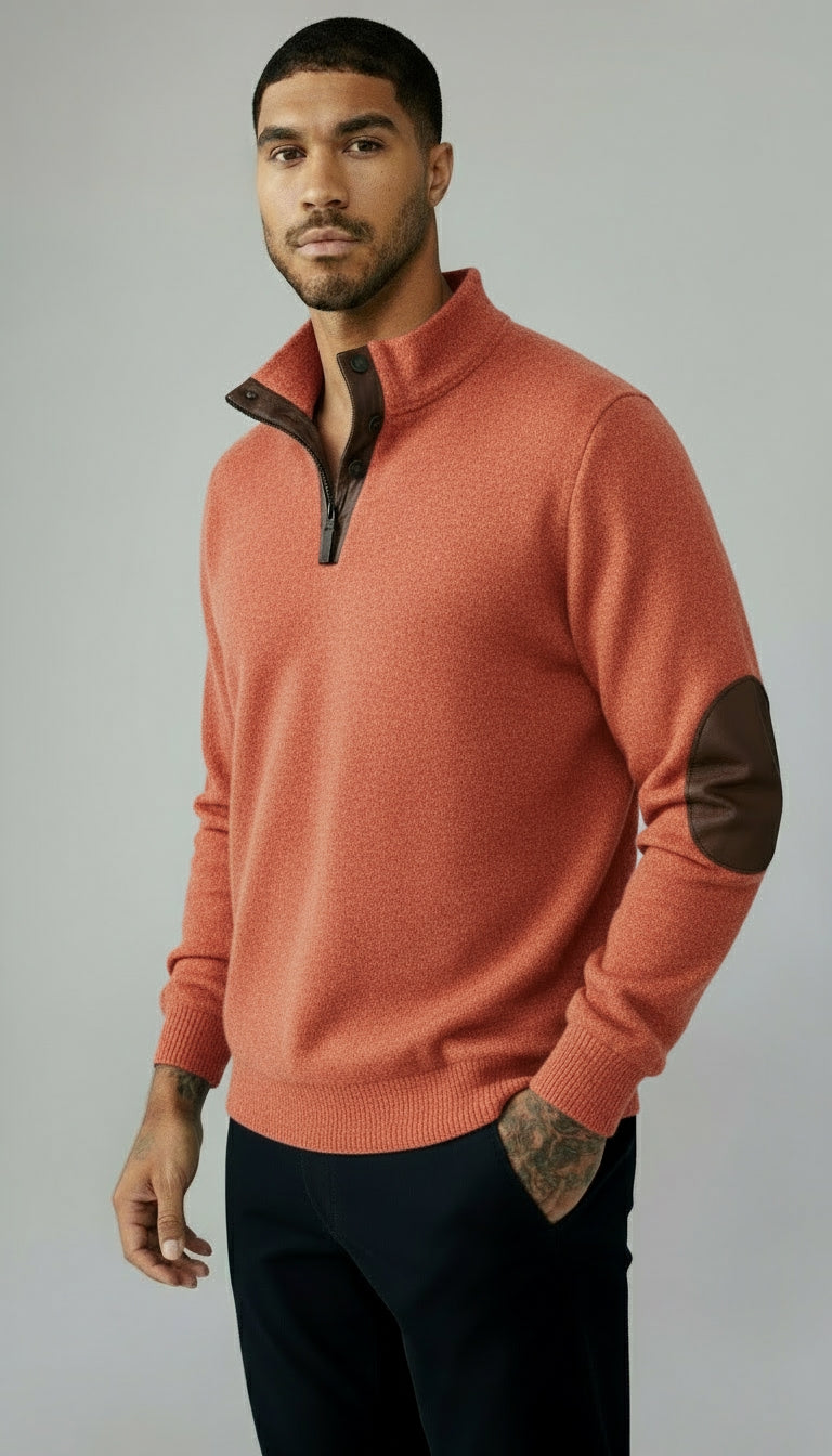 Pull homme à col boutonné - Pull avec col montant et empiècements au niveau des coudes