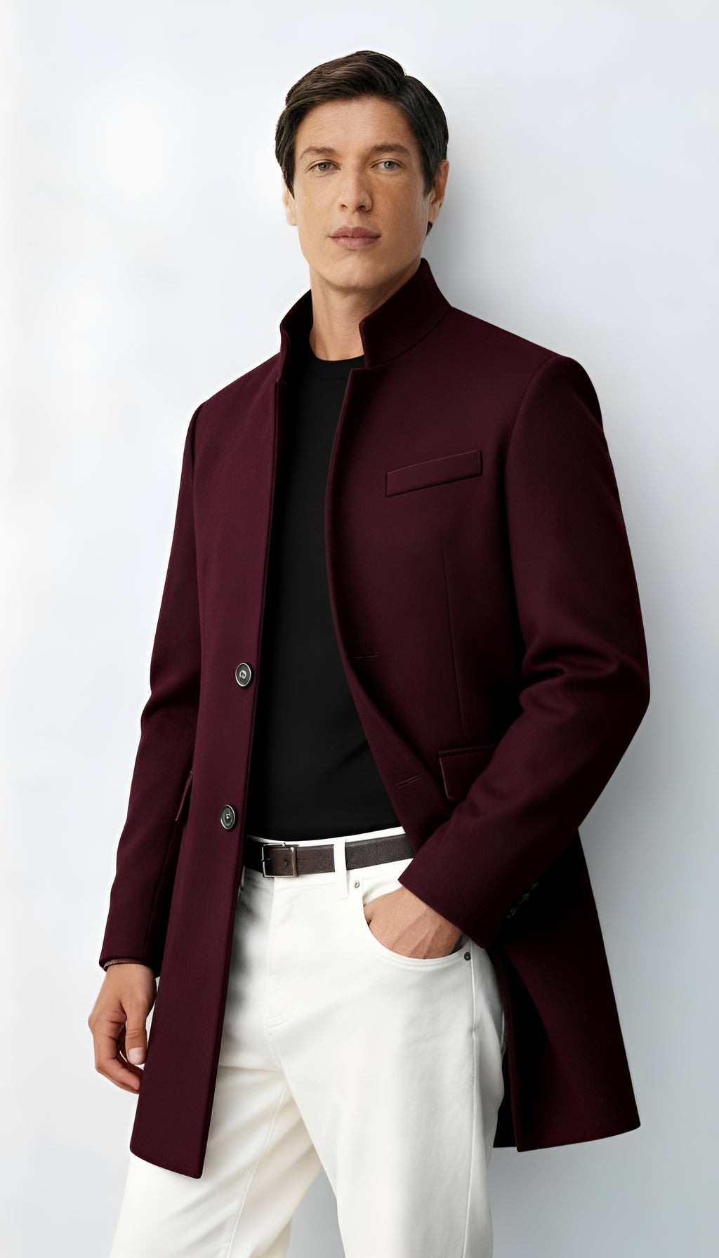 Abrigo de mezcla de lana para hombre: elegante abrigo largo con solapas de muesca y cierre de botones para uso formal e informal.