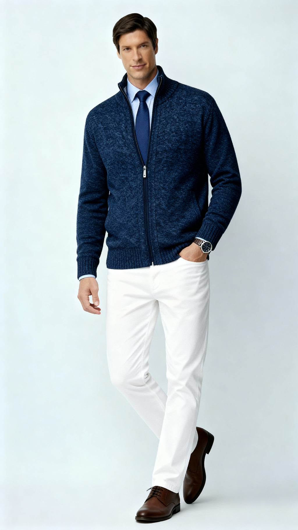Cardigan zippé en tricot pour hommes - Pull en coton mélangé avec col et poches pour le printemps, l'automne et l'hiver