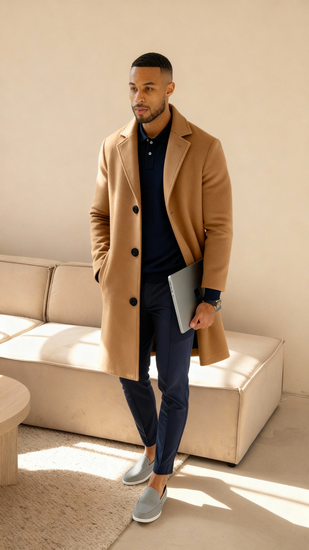 Herren maßgeschneiderter Woll-gefühlt Mantel – Einreihiger mittellanger Mantel mit Kerbkragen