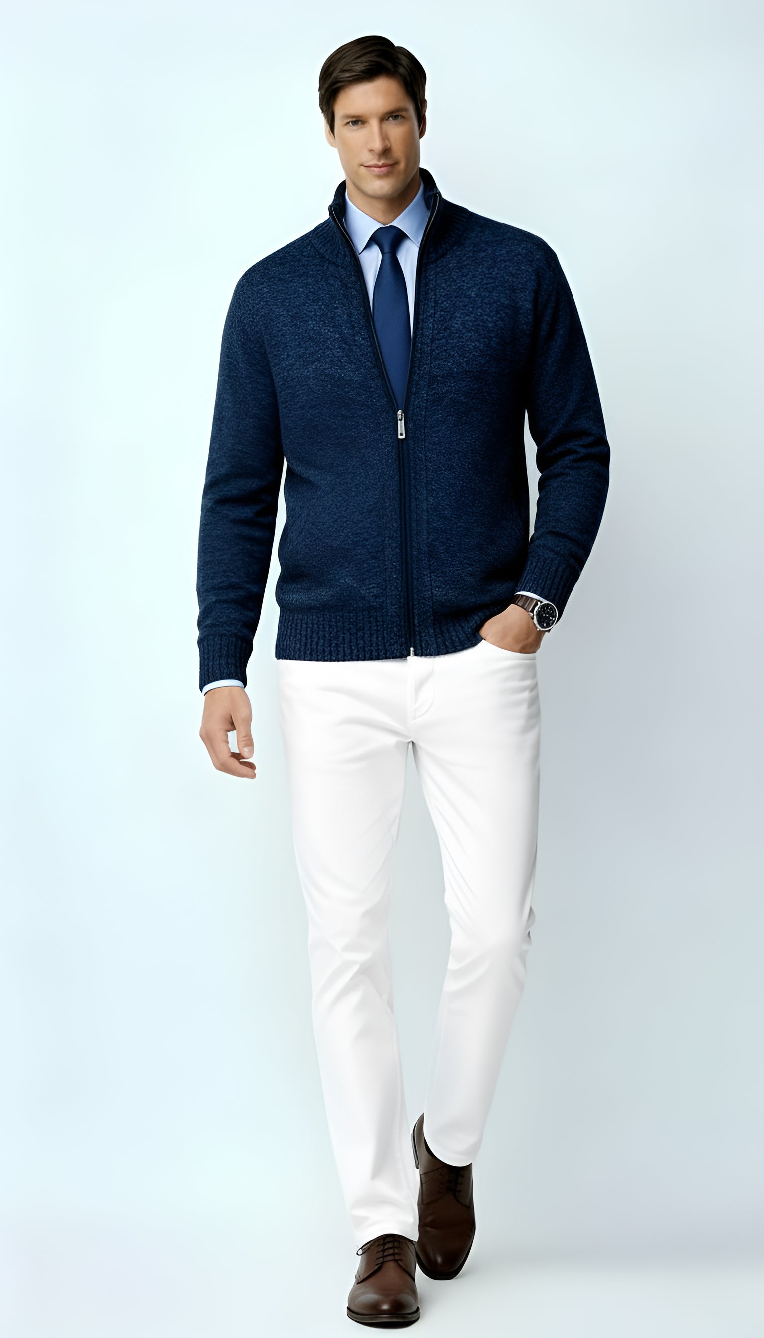 Cardigan zippé en tricot pour hommes - Pull en coton mélangé avec col et poches pour le printemps, l'automne et l'hiver