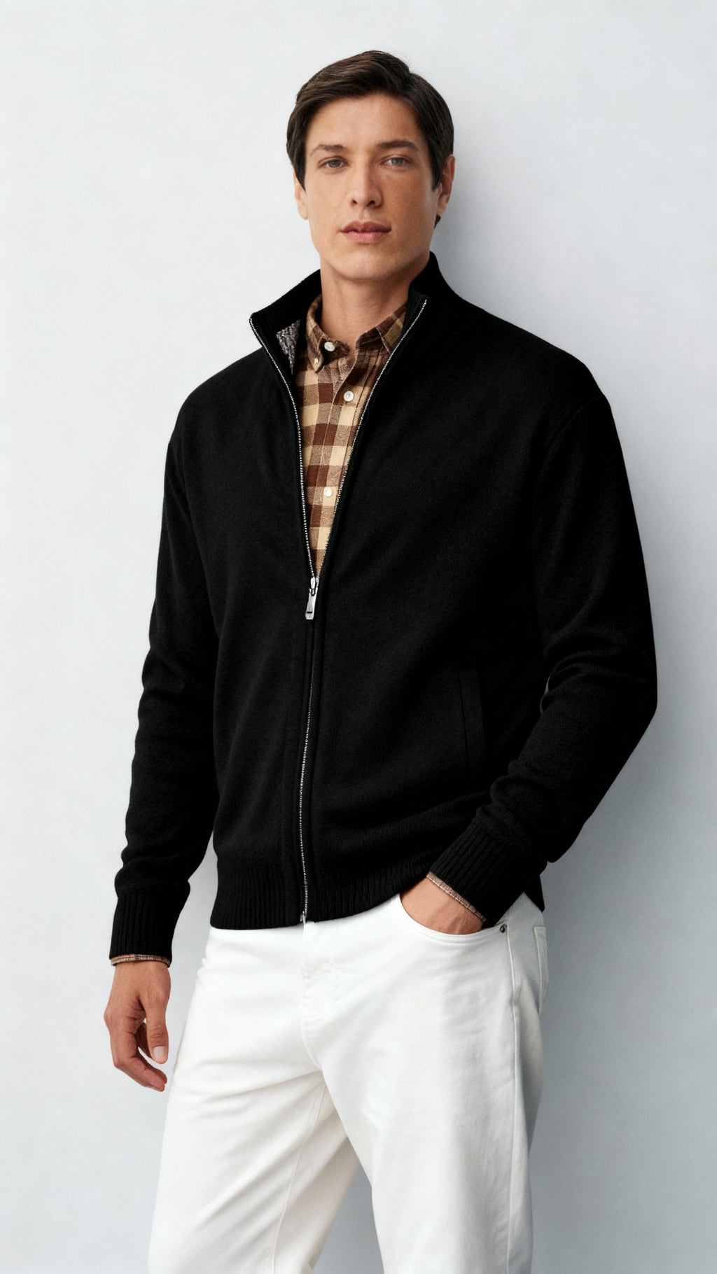 Cardigan zippé en tricot pour hommes - Pull en coton mélangé avec col et poches pour le printemps, l'automne et l'hiver