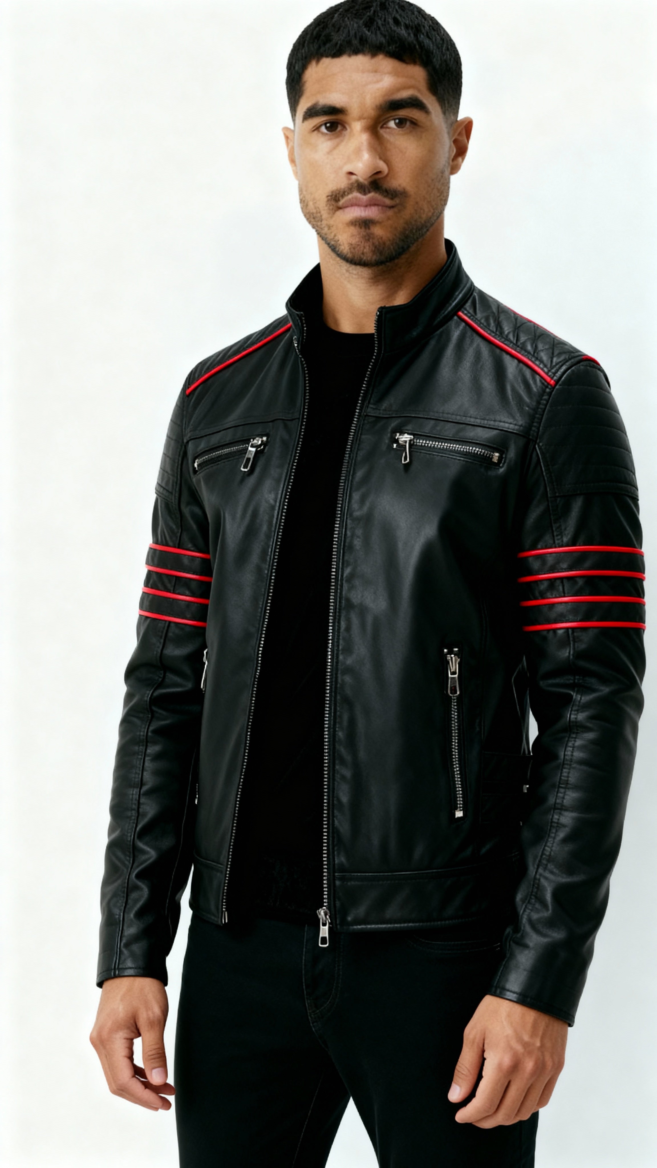 Veste en cuir noir pour homme - Vêtements d'extérieur de motard inspirés de Wolverine avec accents de rayures rouges