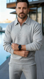 Polo à manches longues pour hommes - Quarter-Zip avec motif texturé et col structuré