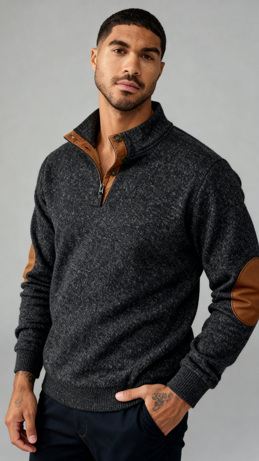 Herren-Pullover mit Knopfleiste - Pullover mit Stehkragen und Ellbogen-Patches