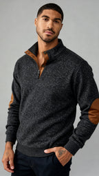 Herren-Pullover mit Knopfleiste - Pullover mit Stehkragen und Ellbogen-Patches