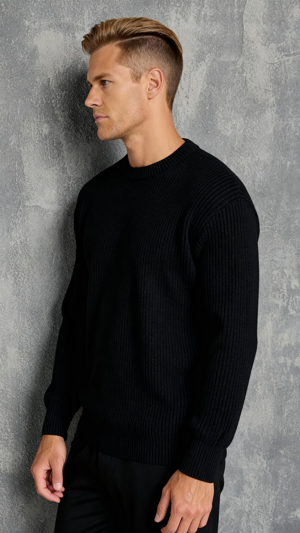Zwarte geribde herentrui - Sweater met ronde hals en relaxte pasvorm