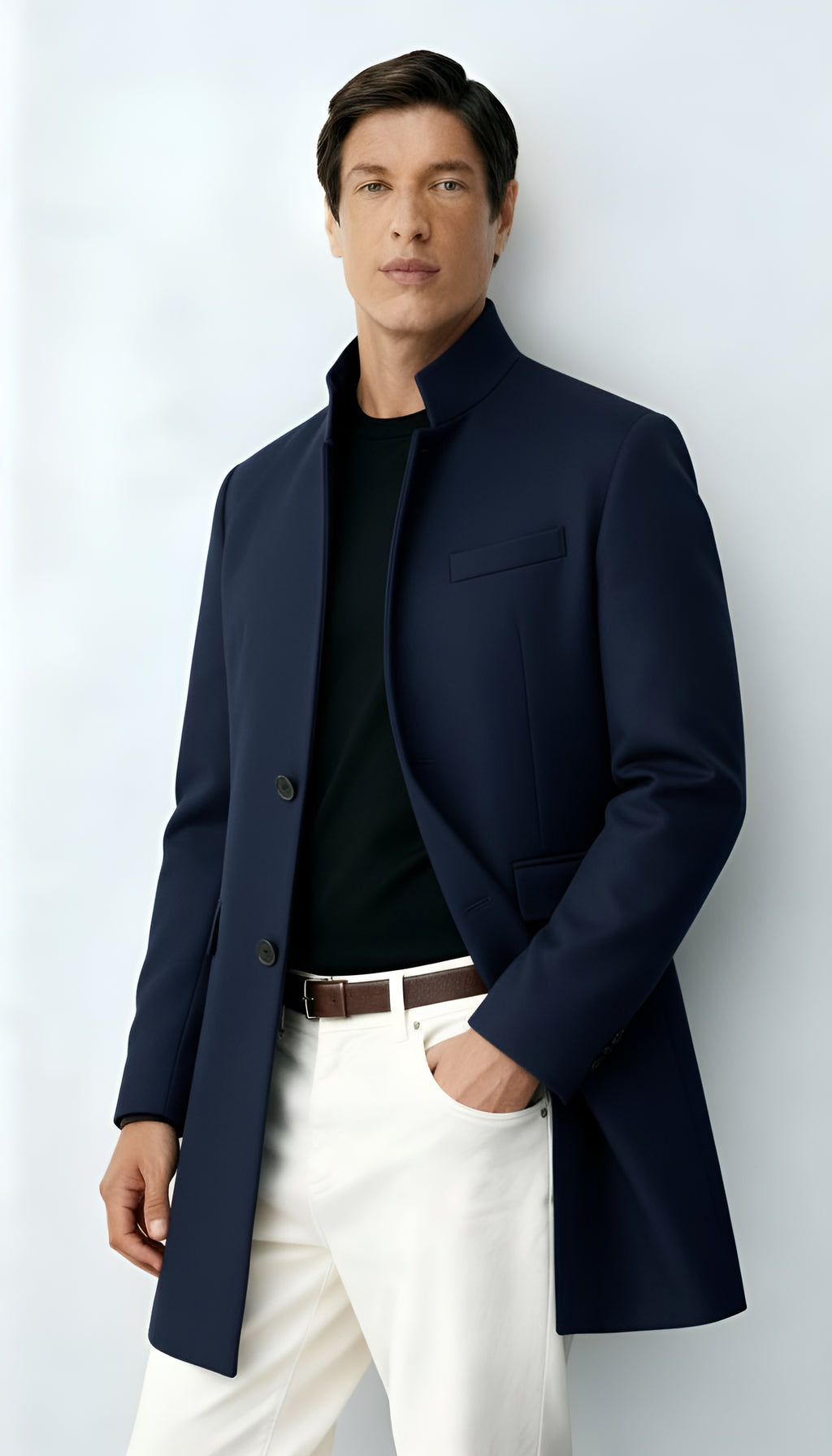 Abrigo de mezcla de lana para hombre: elegante abrigo largo con solapas de muesca y cierre de botones para uso formal e informal.