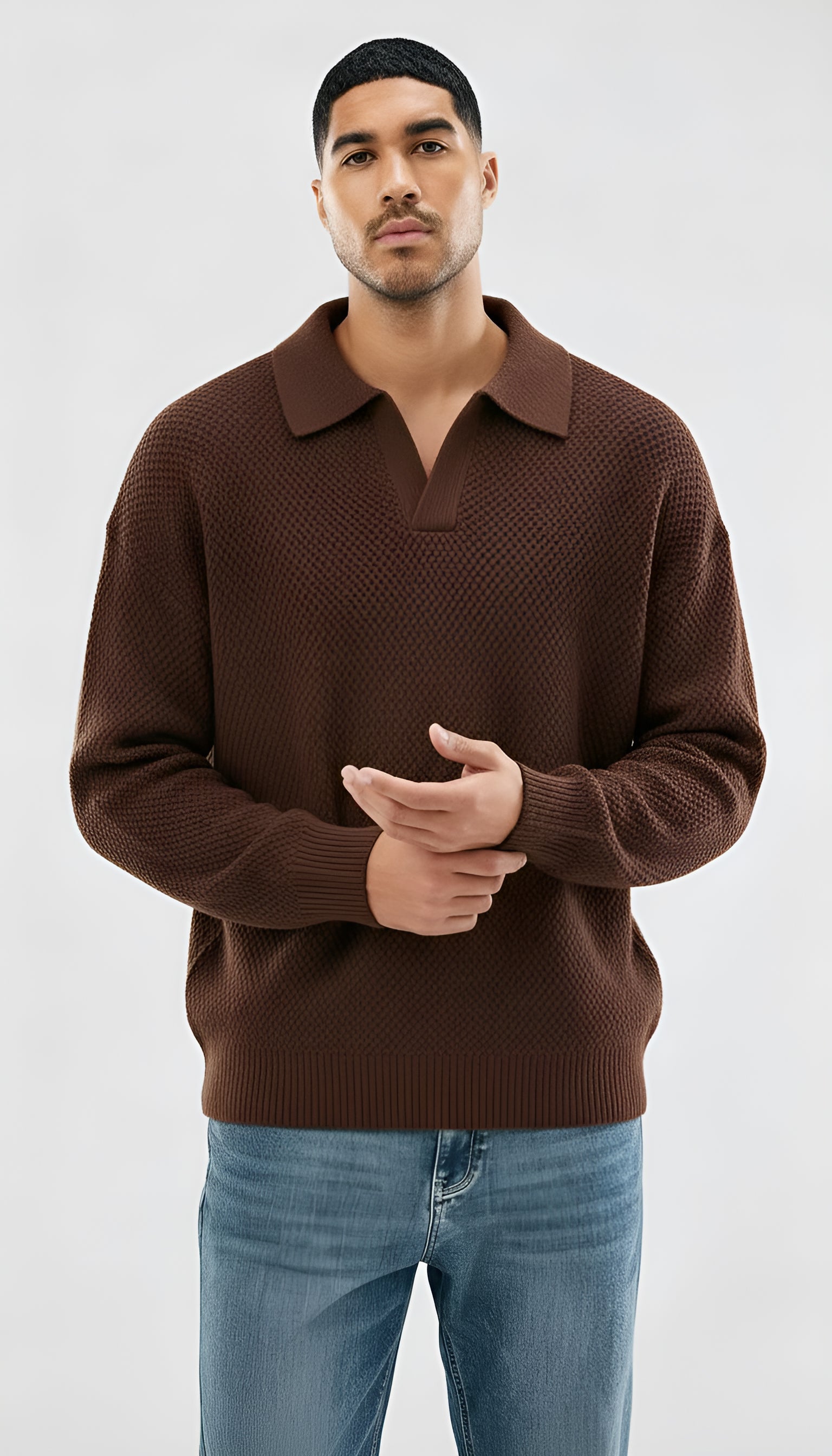 long sleeve knit polo shirt - Mens, loose fit