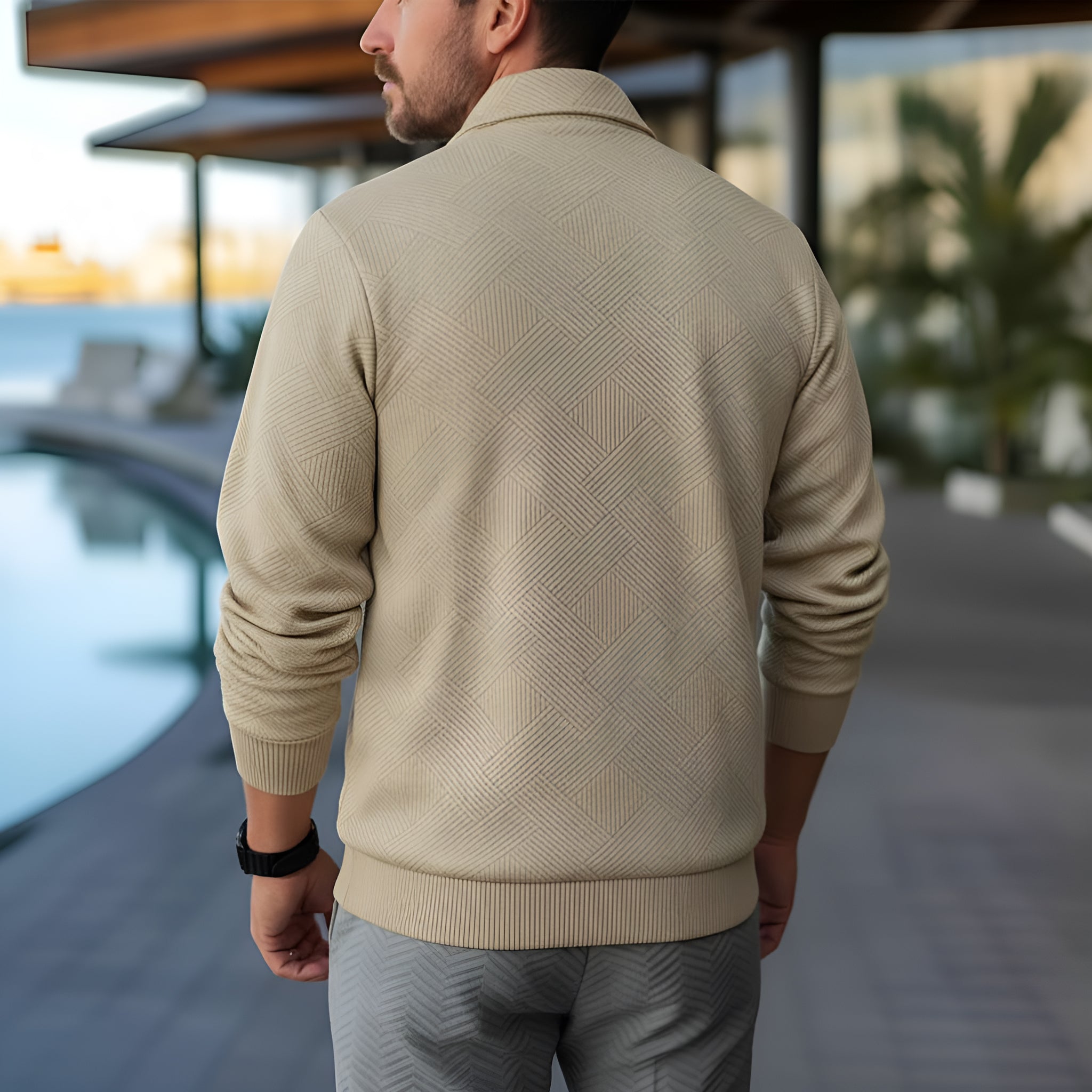 Polo à manches longues pour hommes - Quarter-Zip avec motif texturé et col structuré