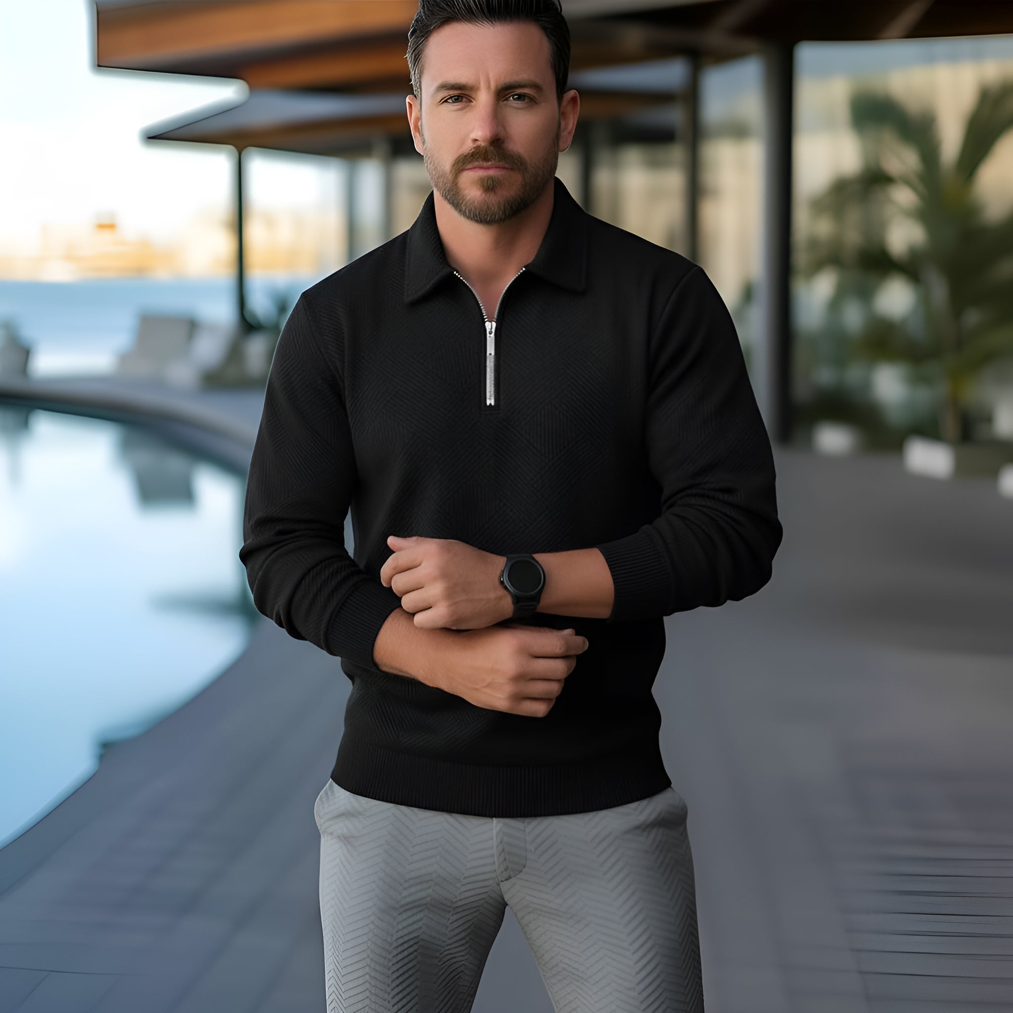 Polo à manches longues pour hommes - Quarter-Zip avec motif texturé et col structuré