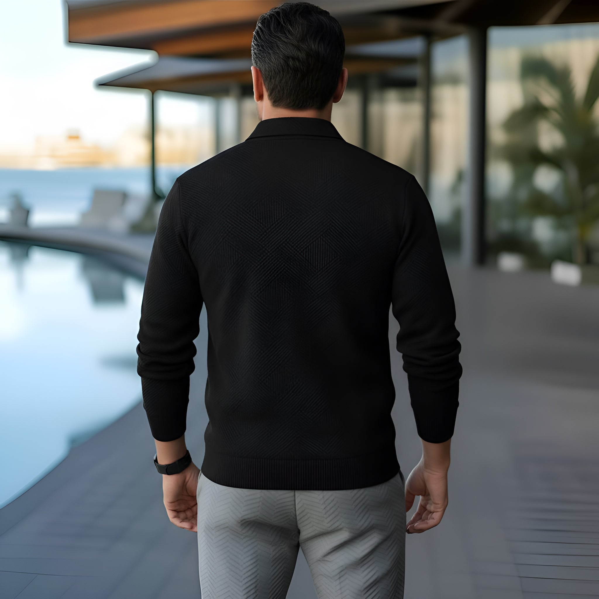 Polo à manches longues pour hommes - Quarter-Zip avec motif texturé et col structuré