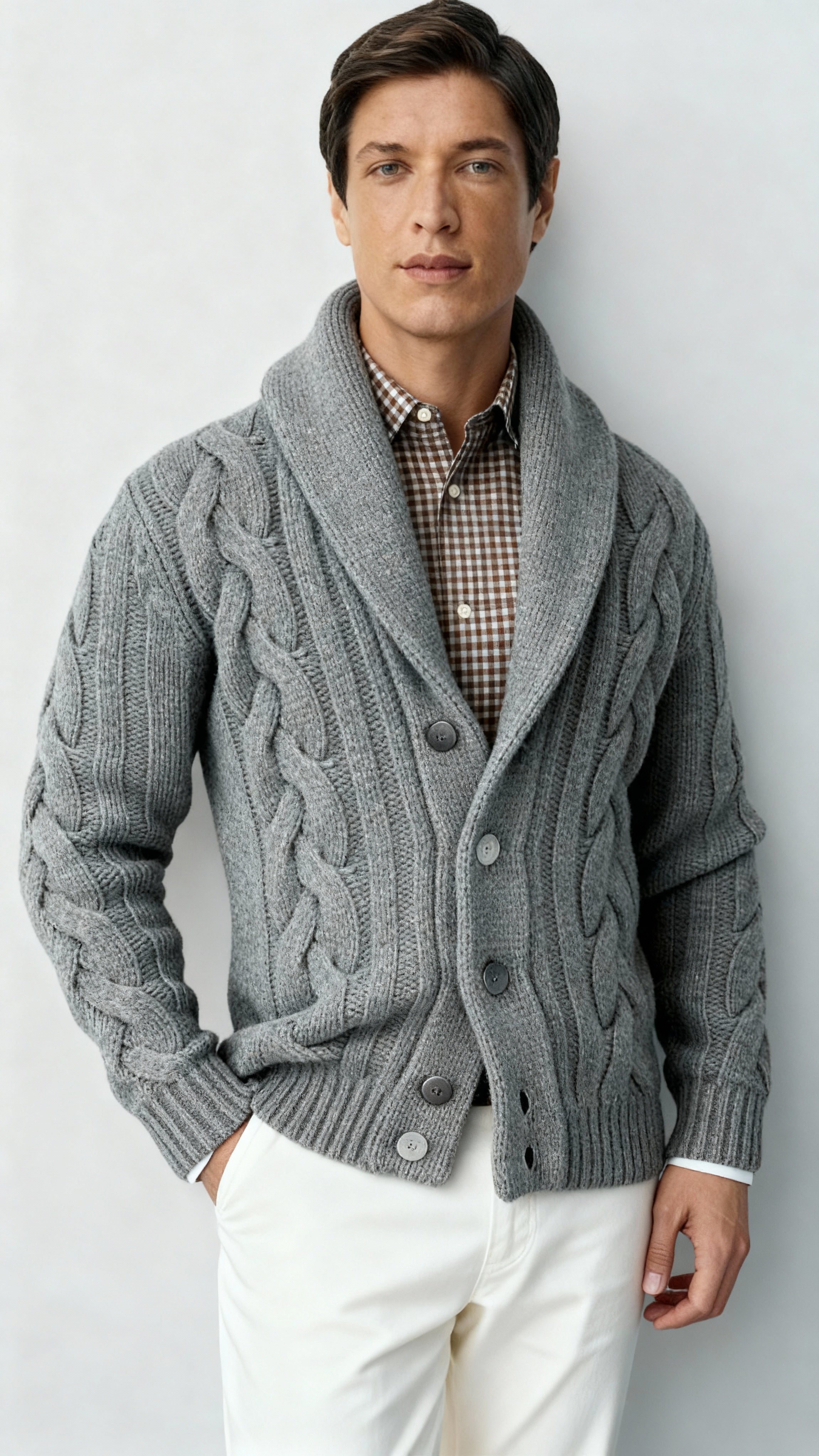 Cardigan da uomo in misto lana con trecce – Maglione con collo sciallato e bottoni