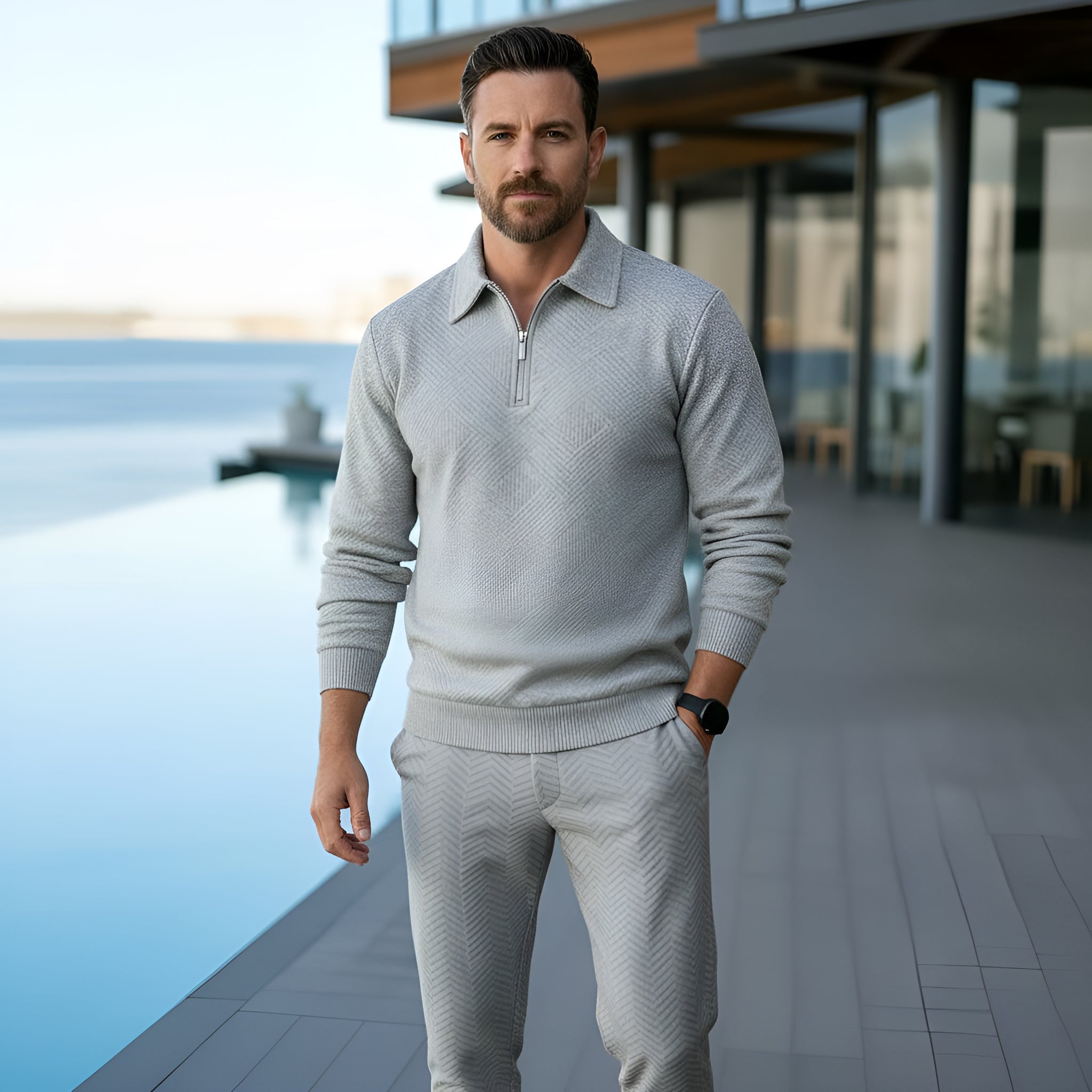 Polo à manches longues pour hommes - Quarter-Zip avec motif texturé et col structuré