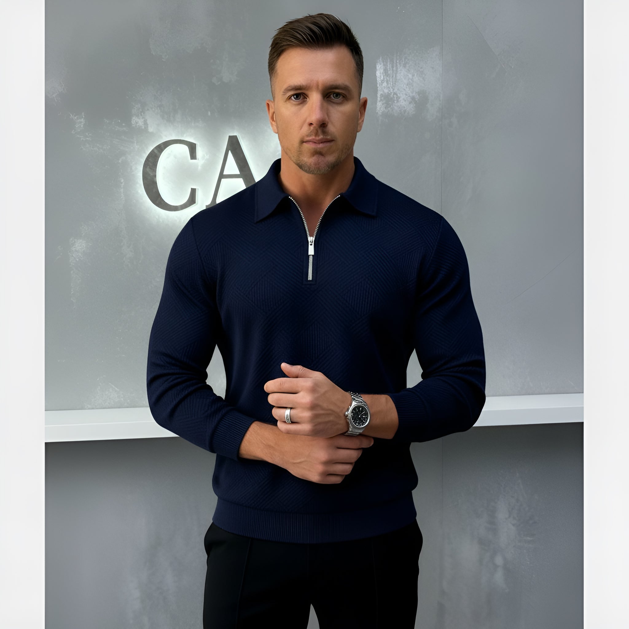 Polo à manches longues pour hommes - Quarter-Zip avec motif texturé et col structuré