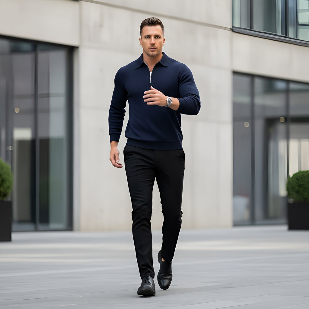 Polo à manches longues pour hommes - Quarter-Zip avec motif texturé et col structuré