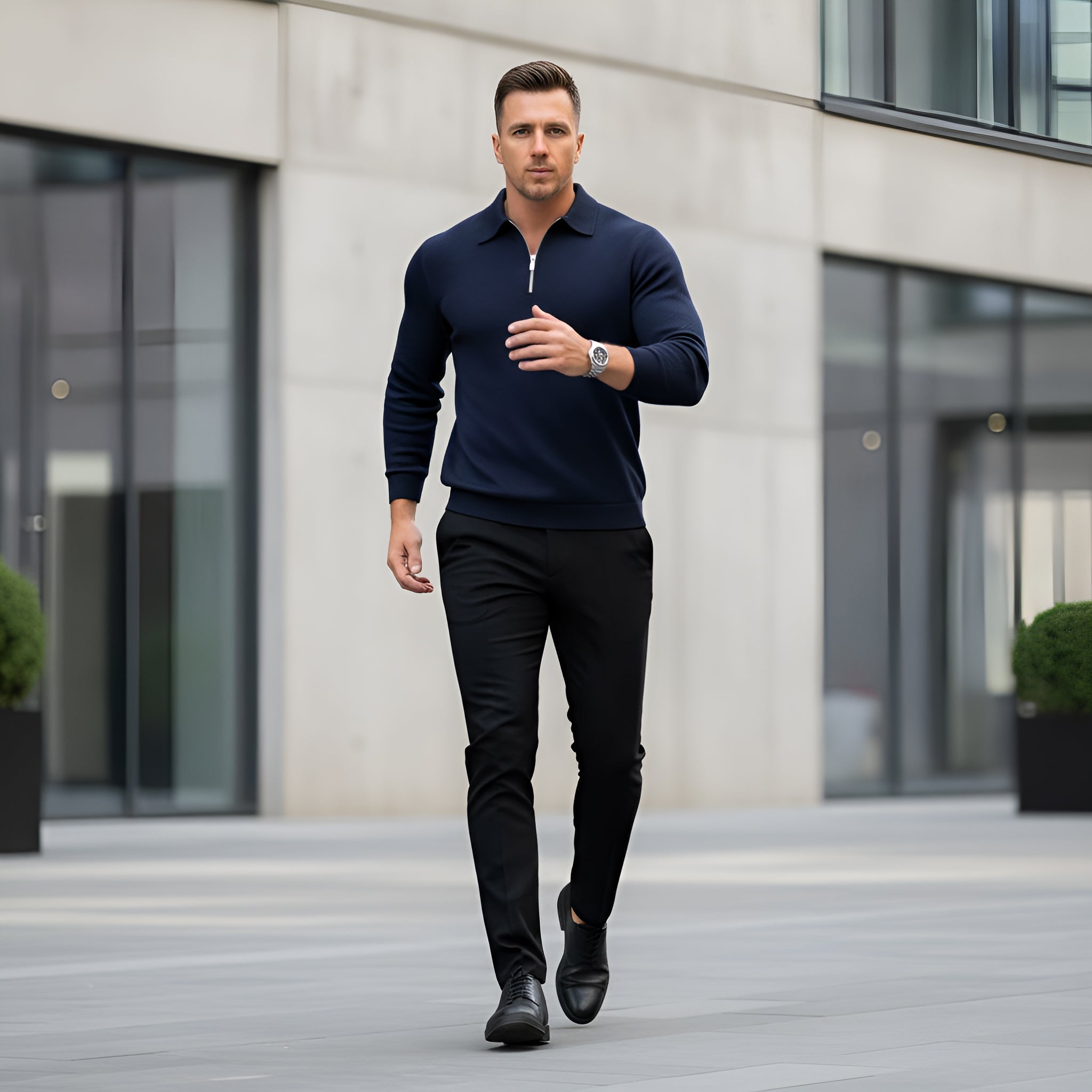 Polo à manches longues pour hommes - Quarter-Zip avec motif texturé et col structuré