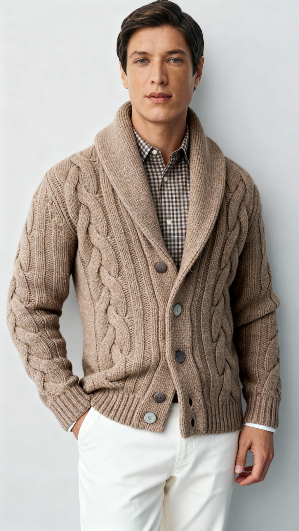 Cardigan en maille torsadée pour homme en mélange de laine – Pull boutonné à col châle
