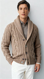 Cardigan en maille torsadée pour homme en mélange de laine – Pull boutonné à col châle