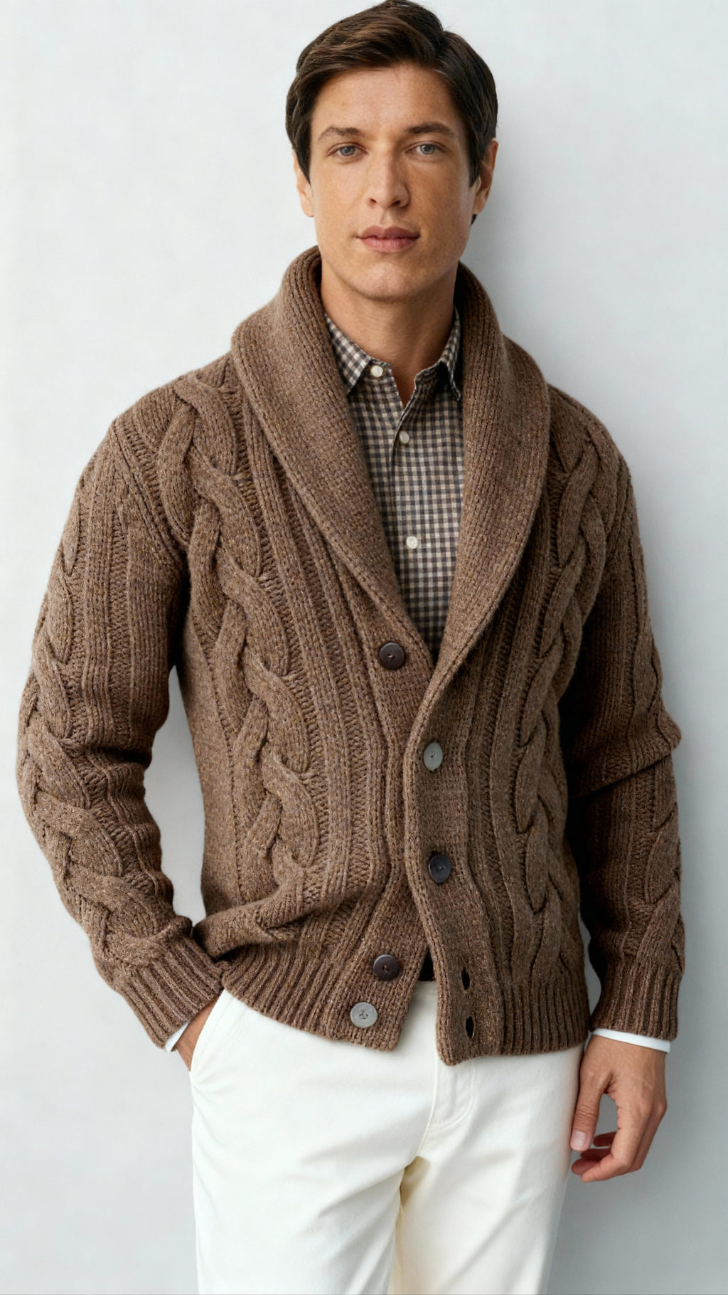 Cardigan en maille torsadée pour homme en mélange de laine – Pull boutonné à col châle