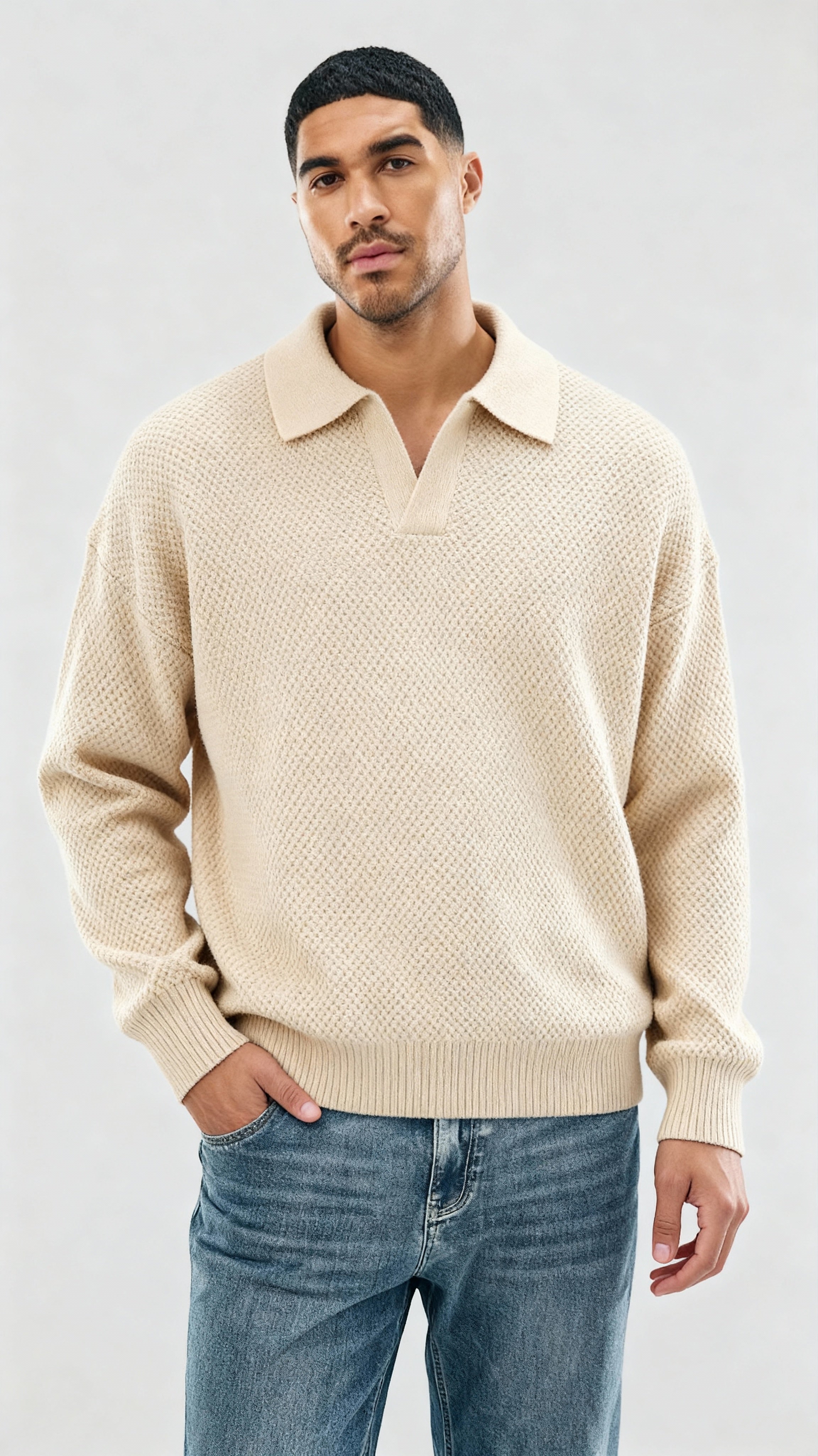 long sleeve knit polo shirt - Mens, loose fit