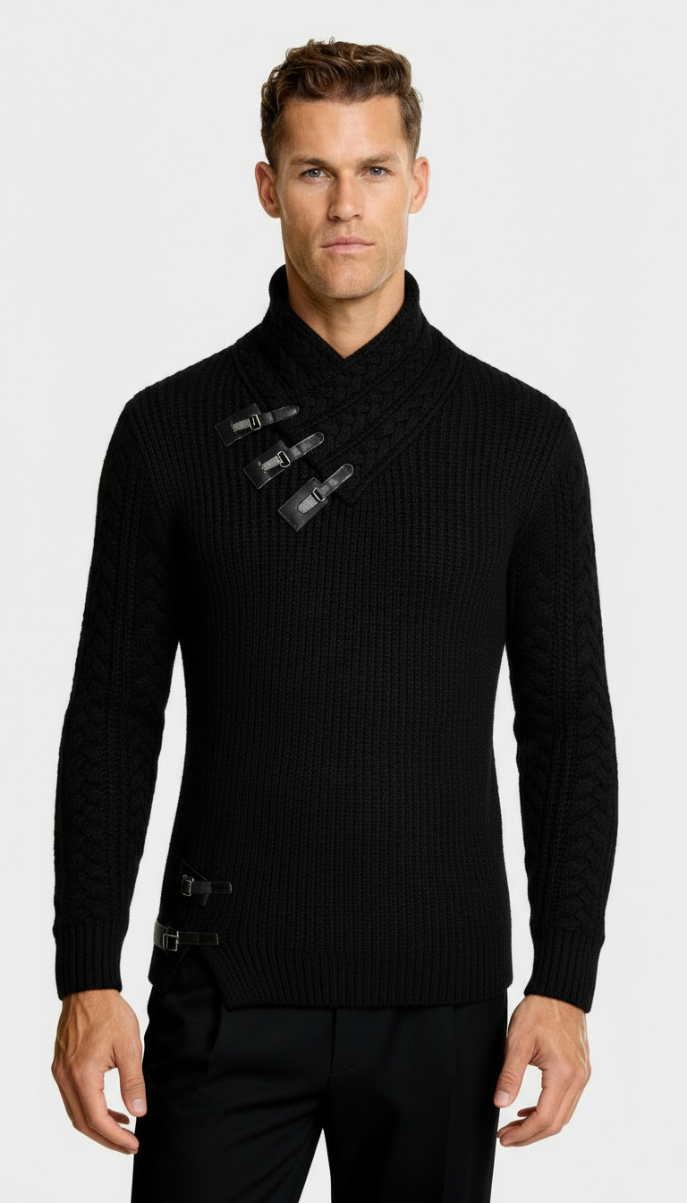 Men’s Funnel Collar Jumper with Toggle Details – Textured Knit Sweater for Smart-Casual Style