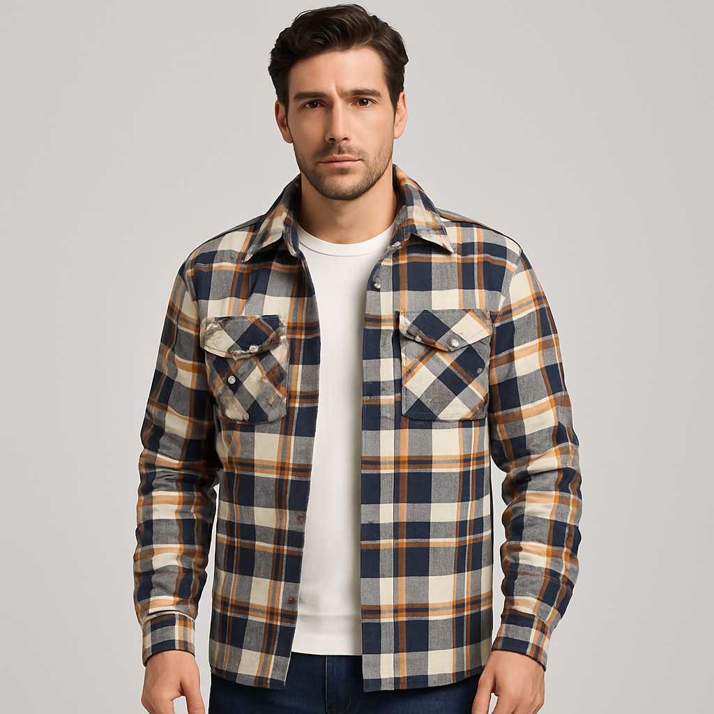 Giacca da uomo in flanella trapuntata - Camicia over a quadri con bottoni a pressione e tasche sul petto per l'autunno e l'inverno