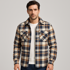 Giacca da uomo in flanella trapuntata - Camicia over a quadri con bottoni a pressione e tasche sul petto per l'autunno e l'inverno
