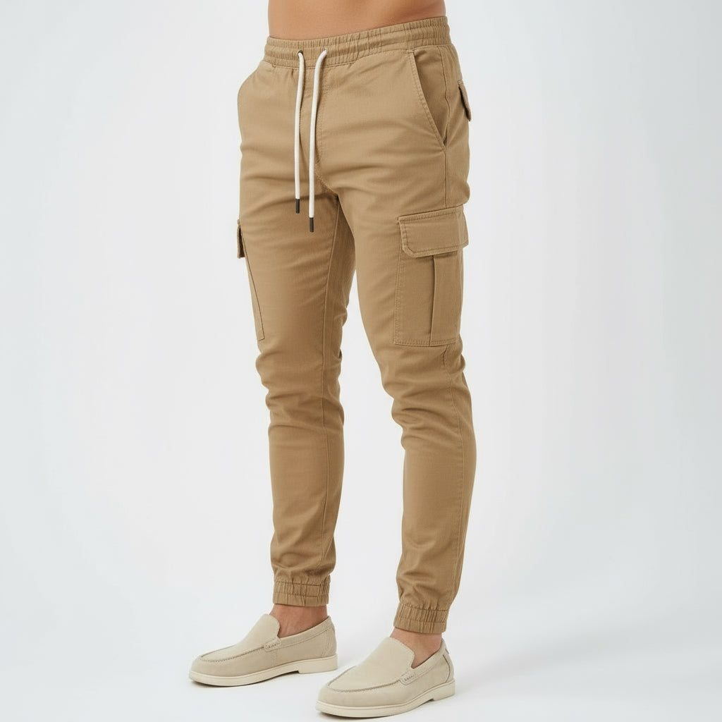 Pantalon cargo pour homme - Taille à cordon de serrage et poignets élastiques - Pantalon utilitaire à coupe fuselée et poches multiples