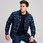 Giacca da uomo in flanella trapuntata - Camicia over a quadri con bottoni a pressione e tasche sul petto per l'autunno e l'inverno