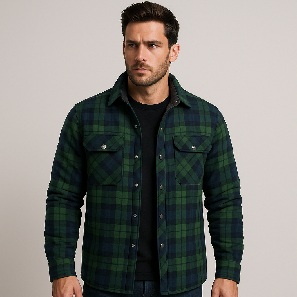Giacca da uomo in flanella trapuntata - Camicia over a quadri con bottoni a pressione e tasche sul petto per l'autunno e l'inverno