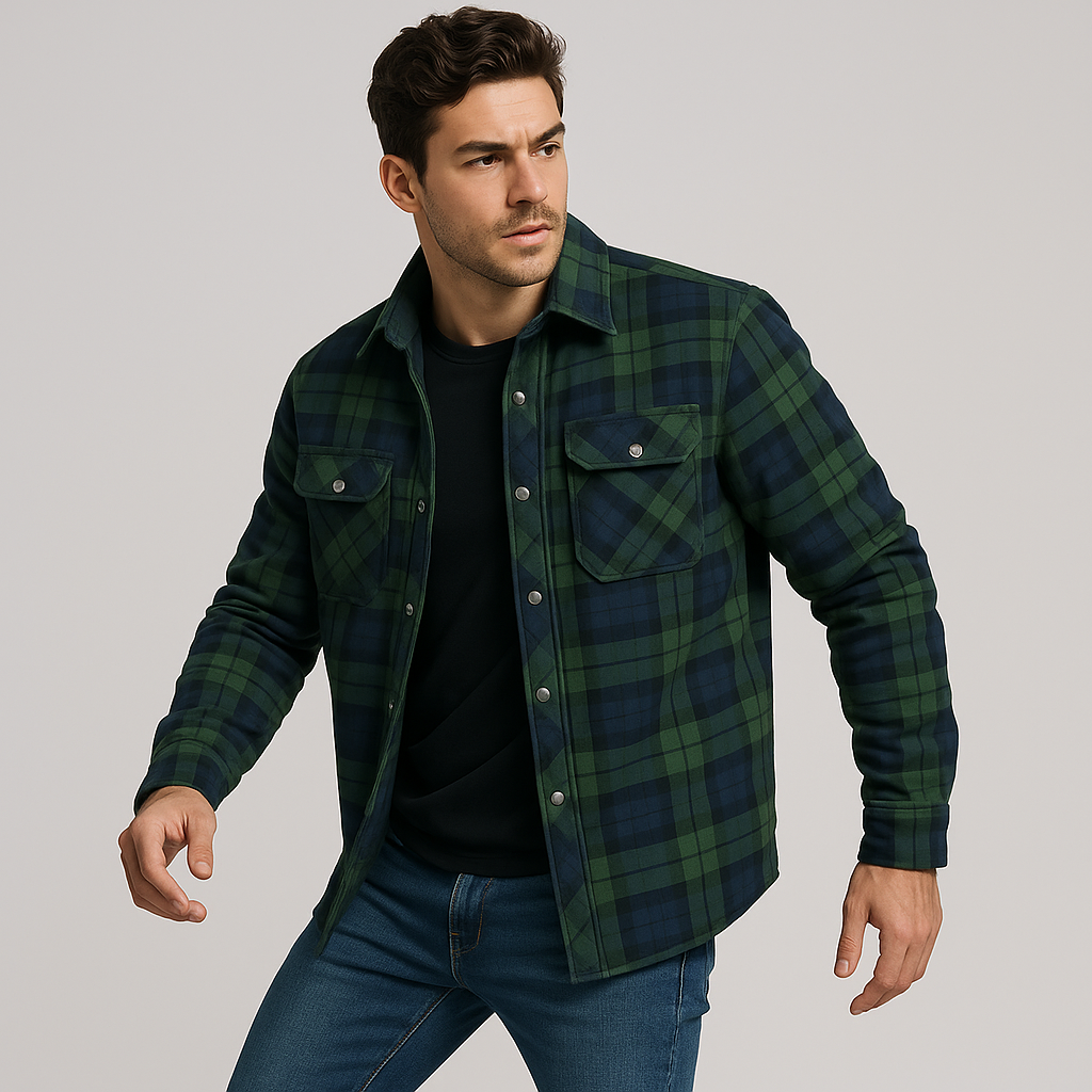 Giacca da uomo in flanella trapuntata - Camicia over a quadri con bottoni a pressione e tasche sul petto per l'autunno e l'inverno