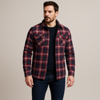 Giacca da uomo in flanella trapuntata - Camicia over a quadri con bottoni a pressione e tasche sul petto per l'autunno e l'inverno